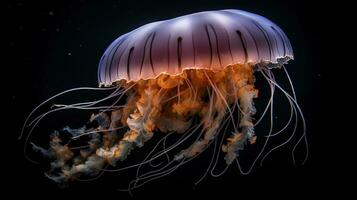 Beautiful Orange Jellyfish dansing in the dark blue ocean water, generative ai photo