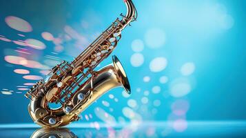 Saxophone on light blue background, generative ai photo