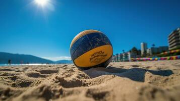 Beach Volleyball. Game ball under sunlight and blue sky, generative ai photo