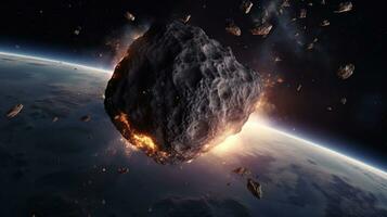 Asteroid Impact On Earth - Meteor In Collision - elements of this image furnished by NASA, generative ai photo