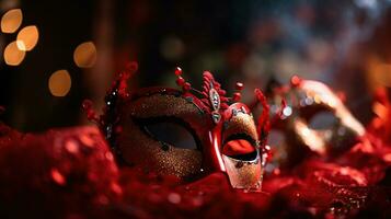 Carnival Party - Venetian Masks On Red Glitter With Shiny Streamers On Abstract Defocused Bokeh Lights with copy space for text, generative ai photo