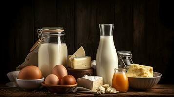 Farm dairy products. Bottle milk, cheeses, cottage cheese, eggs, yogurt, butter. Organic food, generative ai photo