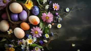 Easter background with Easter eggs and spring flowers. Top view with copy space, generative ai photo