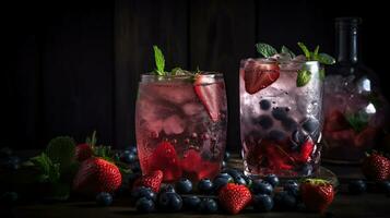 Berry drink with crushed ice and thyme. Strawberry and blueberry lemonade. Summer refreshing drink. Generativ Ai photo