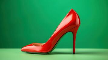 Red high heels isolated on a bright green pastel background. Fashion concept, catwalk. A modern and fashionable shoe store, generative ai photo