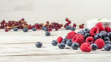 Healthy yogurt with fresh blueberries and raspberries. Banner with side border against a white wood background. generative ai photo