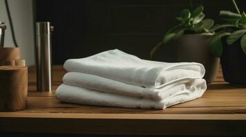 blanco toallas en baño y gratis espacio en retro mesa para usted en Clásico baño, generativo ai foto