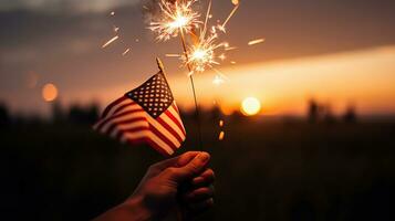 Estados Unidos celebracion con manos participación bengalas y americano bandera a puesta de sol con fuegos artificiales, generativo ai foto