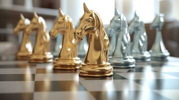 Golden chess unicorn with silver pawns - 3D illustration, generative ai photo