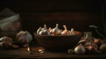 Garlic Cloves and Bulb in vintage wooden bowl, generative ai photo