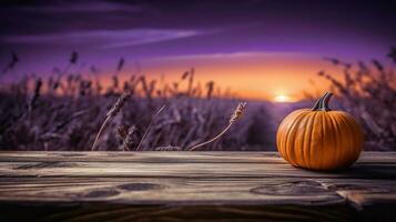 Pumpkin on wooden table in a field at sunset. generative ai photo