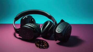 Modern wireless portable speakers and headphones on color background, generative ai photo
