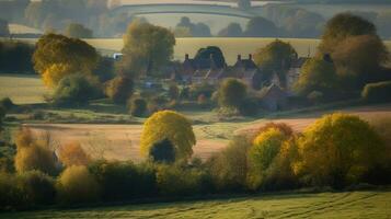 hermosa ver de rural alojamiento rodeado por campo en temprano otoño, generativo ai foto