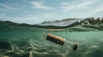 Message In Bottle floating In The Ocean, generative ai photo