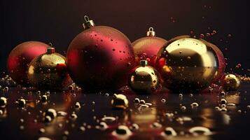 Dissolving , Red and golden christmas baubles with textured surface, AI Generative photo