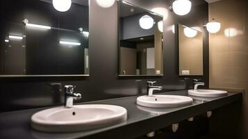 Modern sinks with mirror in public toilet. AI Generative photo