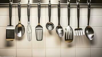 Set of metal kitchen utensils hanging on wall. AI Generaive photo