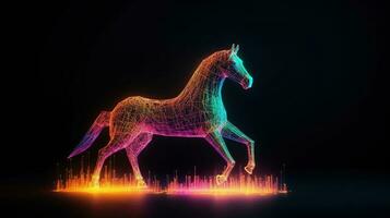 3d model of a colorful Horse in different colors on black background, in the style of made of wire, nature-inspired installations, light white and orange. Generative AI photo