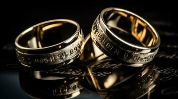 Golden wedding rings with engraved date of ceremony, closeup. AI Generative photo