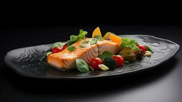 Healthy and Delicious, Grilled Salmon and Vegetables on a Stunning Black Stone Plate. AI Generative photo