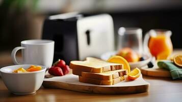 Served table for breakfast with toast, coffee and fruit, on blurred background. AI Generative photo