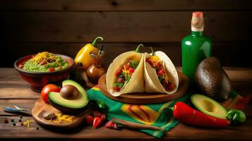 Composition with Mexican traditional food, maracas on grunge table, light background,. AI Generative photo
