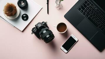 Content creator table concept. Laptop computer, modern wireless electronic gadget, supplies on clean desktop. Background, copy space, close up, flat lay, top view. AI Generative photo