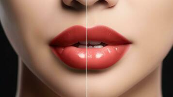 comparación de hembra labios antes de y después aumento. ai generativo foto