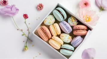 Springtime Sweets, Colorful Macaroons in a Beautifully Presented Box on white background. AI Generative photo