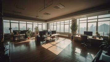 Spacious, well-lit, empty office with comfy interiors. AI Generative photo