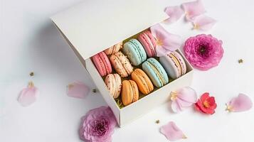 Colorful macaroons in present box with spring flowers on white background. Flat lay, AI Generative photo