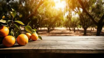 Rustic Charm, Creating a Beautiful Display on a Wooden Table Surrounded by Oranges. Copy space, AI Generative photo