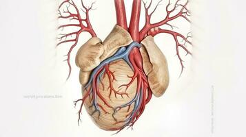 Human heart with vessels and bronchial tree close-up. Isolated on white background. AI Generative photo