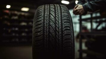 A mechanic holding car tire in automobile store. AI Generative photo