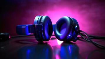 Neon blue head phones in 3D purple rays background. AI Generative photo