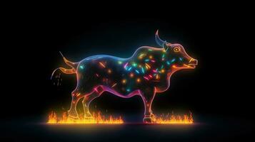 The bull sculpture to use in motion graphics, in the style of made of wire, dark cyan and light amber, explosive wildlife, light white and orange, AI Generative photo