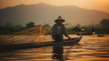 Fisherman at sunset in lake Fishing village. AI Generative photo