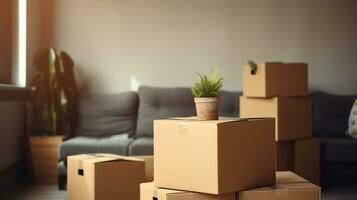 Bunch of blank moving boxes and house plants near the grey textile couch in a new apartment. Spacious living room with yellow walls, unpacked cardboard boxes. Interior background, AI Generative photo