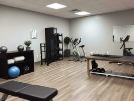 Physical therapy office, desk, treadmill, medicine ball, bench, free weights, balance beam, stationary bike, AI Generative photo