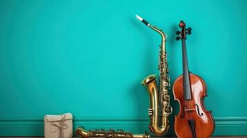 Musical instruments on turquoise wallpaper background, AI Generative photo