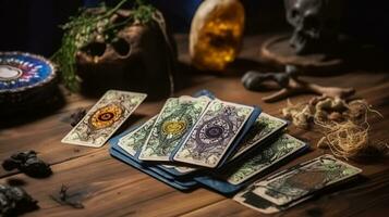 tarot tarjetas y magia atributos en de madera mesa. ai generativo foto