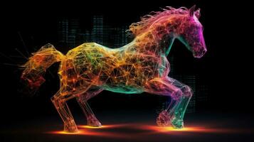 Model of a colorful Horse in different colors on black background, in the style of made of wire, nature-inspired installations, light white and orange. Generative AI photo