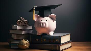 Piggy bank with graduation hat and books on table. College fees saving concept, AI Generative photo