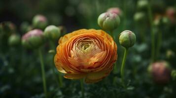 Close up shot of a beautiful blossoming ranunculus bud in the field. Persian buttercup flower farm at springtime blooming season. AI Generative photo