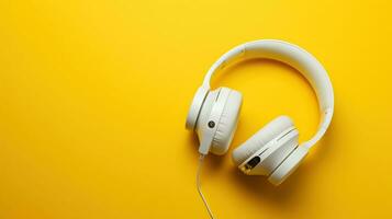 Minimalistic top view composition with white headphones on bright yellow background with a lot of copy space for your text. Close up, flat lay. AI Generative photo