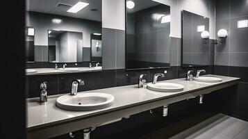 vacío baño público Area de aseo interior con Lavado mano sumideros espejo con mano cuenca y grifo en limpiar baño. ai generativo foto