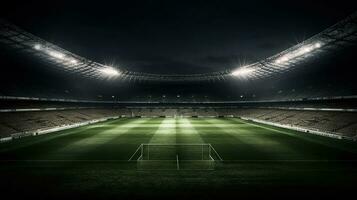 Football stadium with good grass, center position, and good lighting visible from below, AI Generative photo