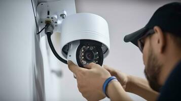 Technician installing CCTV camera for security, AI Generative photo