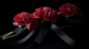 Black funeral ribbon with carnation flowers on dark background, AI Generative photo