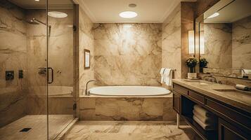 Luxury hotel bathroom Interior with beige marble walls. AI Generative photo